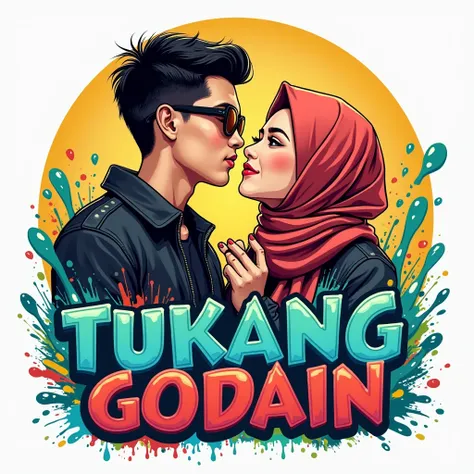 illustration of an Indonesian young man in a black jacket, wearing sunglasses, flirting flirtatiously with a beautiful girl wearing a hijab in front of him, with a bright colored background. The large text at the bottom of the image reads the name "TUKANG ...