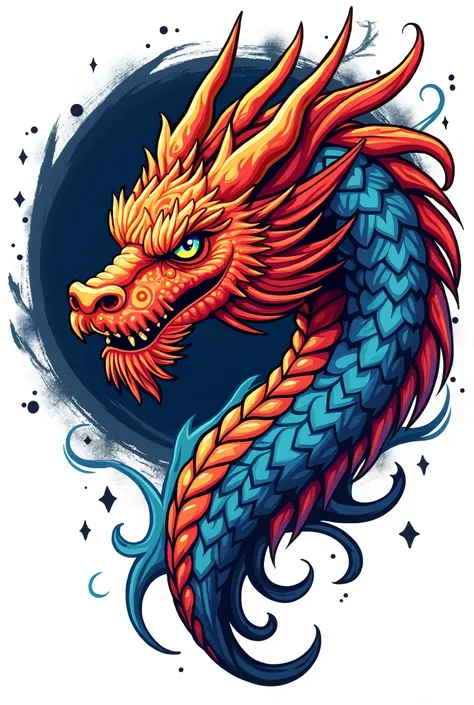 "Un tête de dragon majestueux en style cartoon ultra détaillé, avec des écailles brillantes et une crinière enflammée. Son corps est entouré de motifs tribaux entrelacés, dessinés avec une précision extrême. La palette de couleurs est vibrante, avec des to...