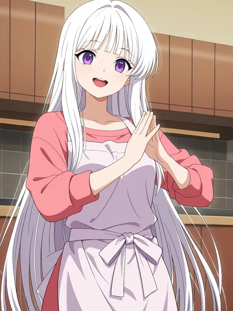 Wearing an apron,  white hair,  purple eyes,  light skin,  long hair,  bangs, 일자  bangs, 가운데가 갈라진  bangs,  straight hair ,  happy , Playing with s,  animation style , 