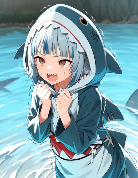 (In 8K, Best Quality, Master Piece:1.2), Ultra High Resolution,1 girll,solo,16yo,ultra-detailed face,detailed eyes,blue hair,blunt ends,brown eyes,(shark kigurumi costume:1.4),(trembling:1.4),cross-eyed,open mouth,(In 8K, Best Quality, Master Piece:1.2), U...