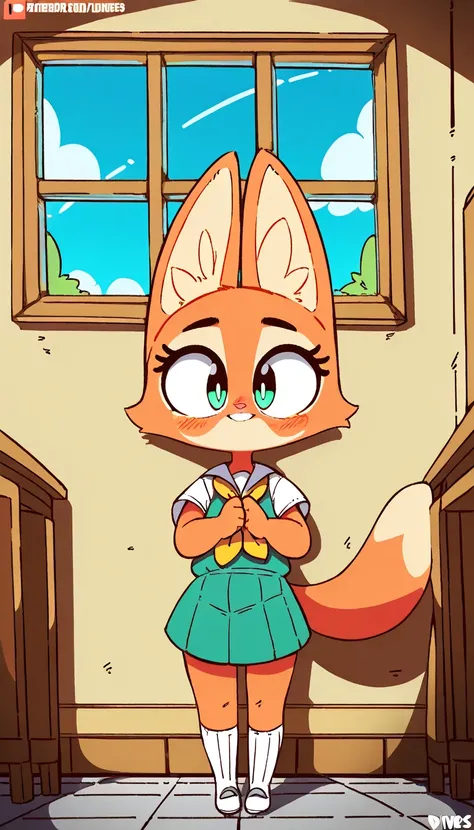 Diane Foxington, (toddler:1.2), 7 años de edad, ginger fur, emerald eyes, school uniform, blush, looks at viewer, smiles, indoors, alone, by diives