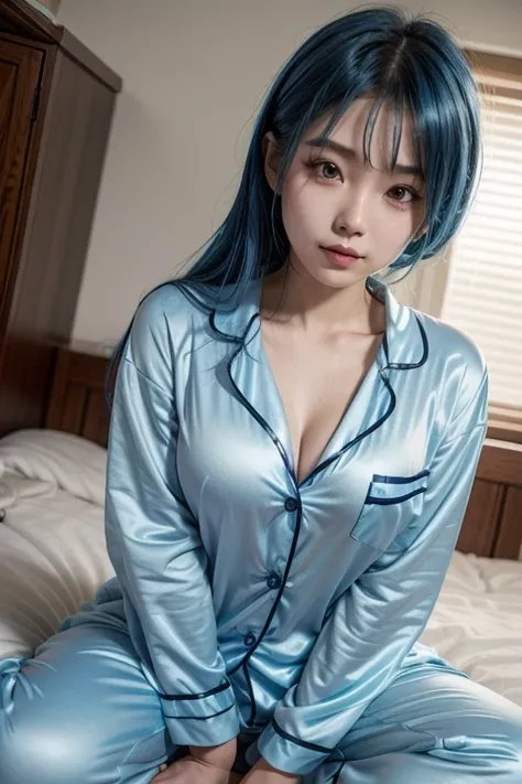 Blue-haired Asian girl in sexy pajamas