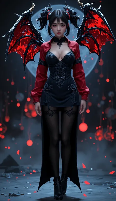 a fullbody Fantasy hero, a sexy vampire girl with red shirt and black hair , big breasts,black short skirt and black stockings showing her navel, simple background,detailed shoes,red eyes，with intricate lace pattern ,fantasy, global illumination, backlight...