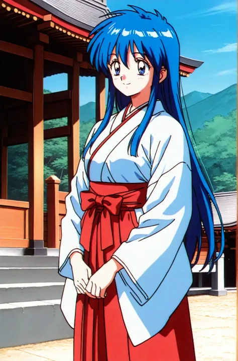  general , High Resolution,  super detailed, Very aesthetic , best quality  , cinemas himuro,  1girl , alone ,  Blue Eyes ,  Blue hair   [1990s (style), Anime Coloring,  breast,
Shrine maiden,  alone ,  kimono, red Hakama, skirt, Hakama, Hakama skirt, 
 Lo...