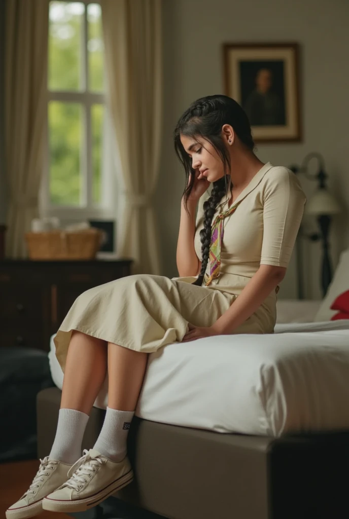 Cinematic view, photo realistic image, South indian school girl, 18years old, wearing a white frock and a colored tie. She has plaits, black braided long black hair, tanned color, natural skin, South Indian girl, wearing short socks and sneakers, sleeping ...