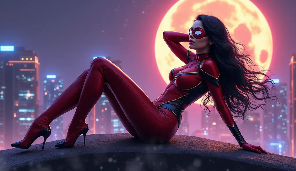 A hyper-realistic digital painting of a powerful and seductive female superhero inspired by Spider-Woman. She wears a tight, form-fitting red and gold suit with black details that accentuate her athletic and toned physique. Her long, flowing black hair cas...