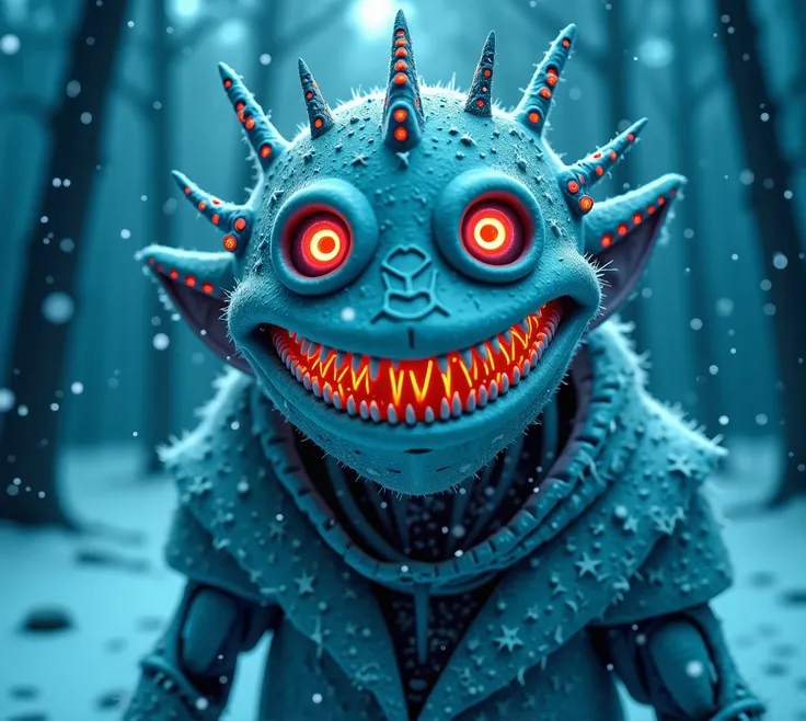 Surrealistic psychotically crazed, cyborg snow Muppet, with glowing neon cyberpunk implants, long needle-like teeth, fiery glowing eyes, laughing hysterically, look of complete insanely, gone mad, setting is totally dark nighttime forest, a blizzard is rag...