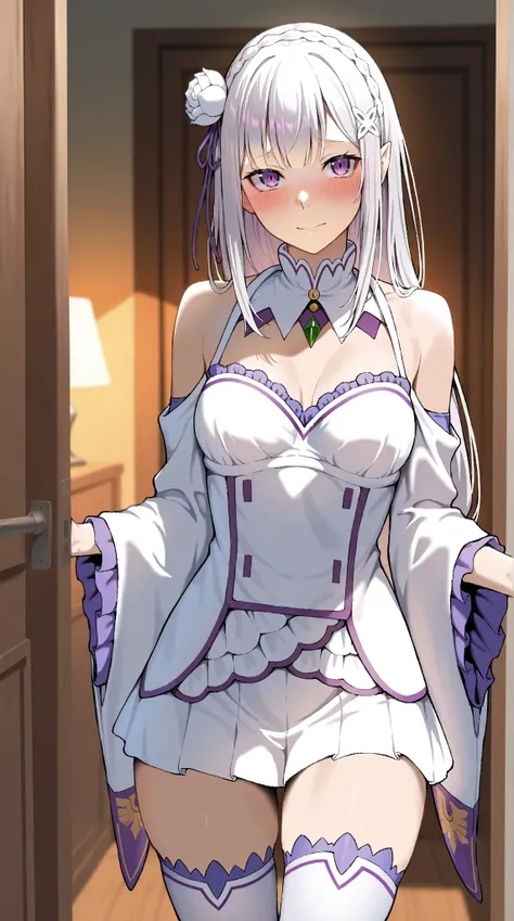 Masterpiece, 1girl, takaman style, Emilia(re:zero), slim, medium breasts, dynamic lighting, ultra detailed, highres, absurdres, home,stunning visual cg, blushing, sweet expressions, (collar, neck pendent, off-shoulder dress, white thighs highs), medium sho...