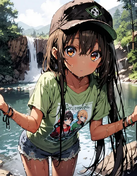  score_9,  score_8_ up the side,  score_7_ up the side,  source_Anime,
 Azusa Nakano,   black hair,  brown eyes,  long hair,  low twin tail, tan, brown skin,Baseball hats,green t-shirt ,The hem of the t-shirt is tied,river遊び, playing in the water, denim mi...