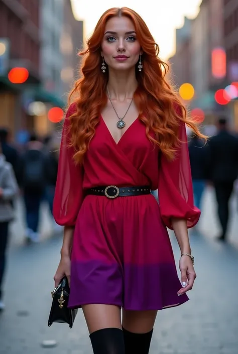 A pretty young woman, 20 years old, small and slim figure, tiny waist, walking down a city street wearing a sunset red fading to pink and purple loose fitted A-Line dress, accented with loose sheer long sleeves and black thigh high stockings. She accessori...