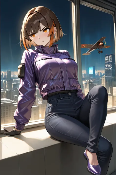   fair skin ,  brown hair, Open fringe ,  arched fringe tips ,Short hair, arched hair tips, Pretty hair, amber eyes, Tsundere expression,  BODY IN SHAPE, senos meisnos, purple motorized jacket,  white flannel,  black jeans, is . adult, A girl,  ultra quali...