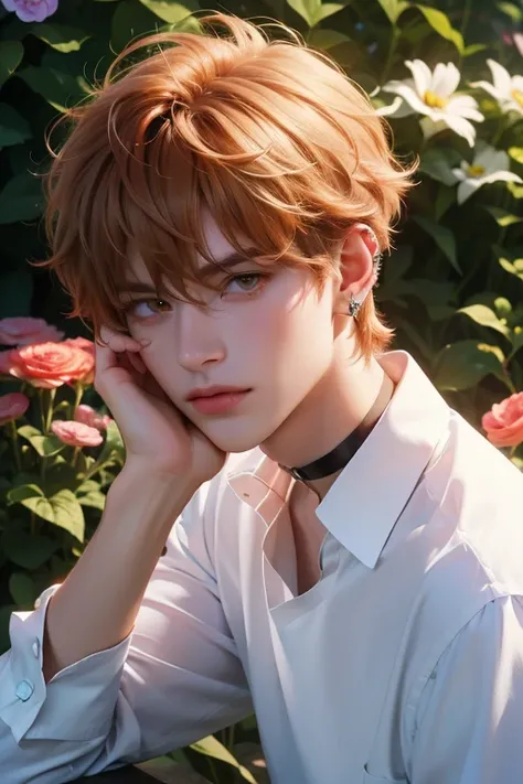 boy, handsome face, orange shaggy hair, orange eyes, charming gaze, wearing white shirt, ear piercing, wearing choker necklace, sitting charming style, garden background with various beautiful flowers (sharp eye details, sharp face details, body details), ...