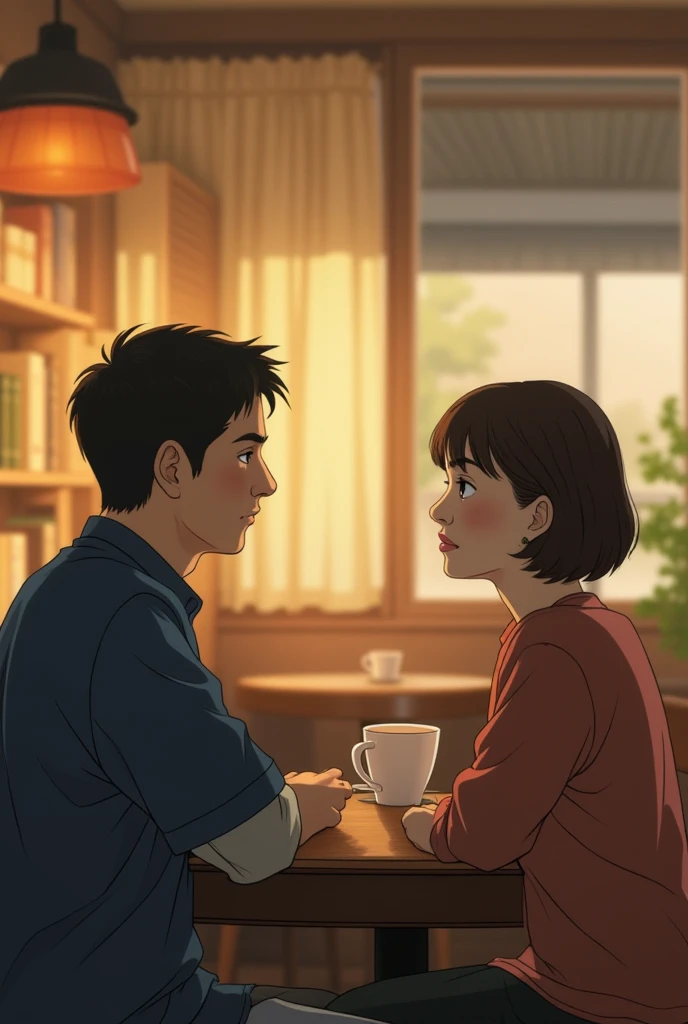 プロンプト:
“A cinematic anime-style illustration of a man and woman in their late 30s to early 40s, sitting in a stylish café. They are engaged in a deep yet casual conversation, with the woman slightly smiling while the man looks thoughtful. Their expressions...