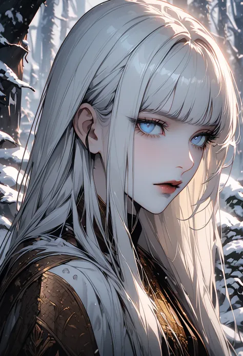  alone, female, hime cut,  white hair, ice blue eyes,  western clothing ,  Japanese-inspired,  Yuki-onna , close up, Impassive ,  beautiful, medieval, Fantasy, elegant,  long straight hair , In the midst of a snowy garden, cold light,  white skin, black ma...