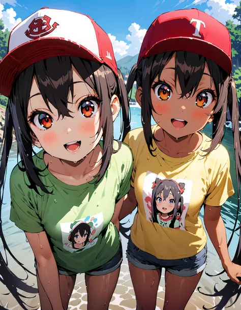  Azusa Nakano,   black hair,  brown eyes,  long hair,smile,blush, open your mouth,  low twin tail, tan, brown skin,Baseball hats,green t-shirt ,The hem of the t-shirt is tied,river遊び, playing in the water, denim micro shorts ,Wet clothes, wet hair, wet ski...