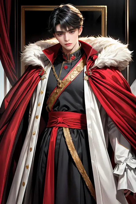 
 Masterpiece, 最 high quality,  high quality,  1 boy,  alone, 男性重視,  stares at the audience,  Dirty black hair,  cute大きな青い目, white, Noble, Noble, sexy,  voluminous , fluffy cape 、、A very  voluminous , big, very big, very big, length, length red and black c...