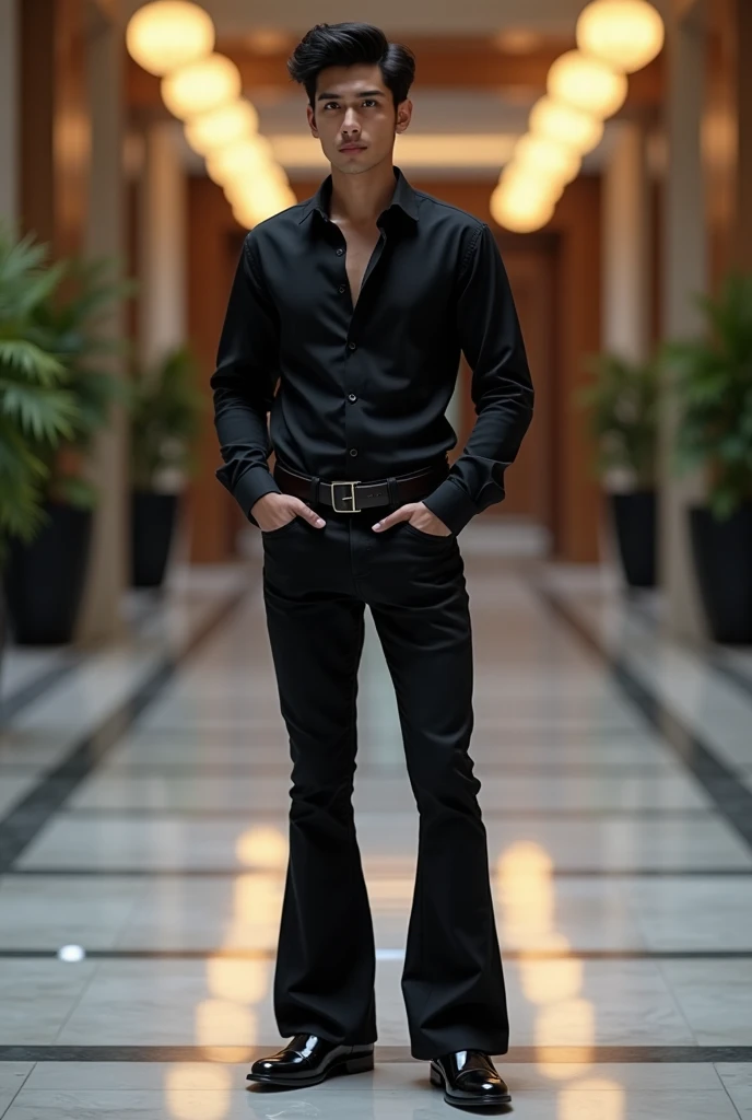 A Pakistan beautiful stylish man 20 years white skin and Black hair and black shining shirt full hand black and Bell bottom pants Black and black shining boots full outfits standing Man high quality 8k uhd upscale 