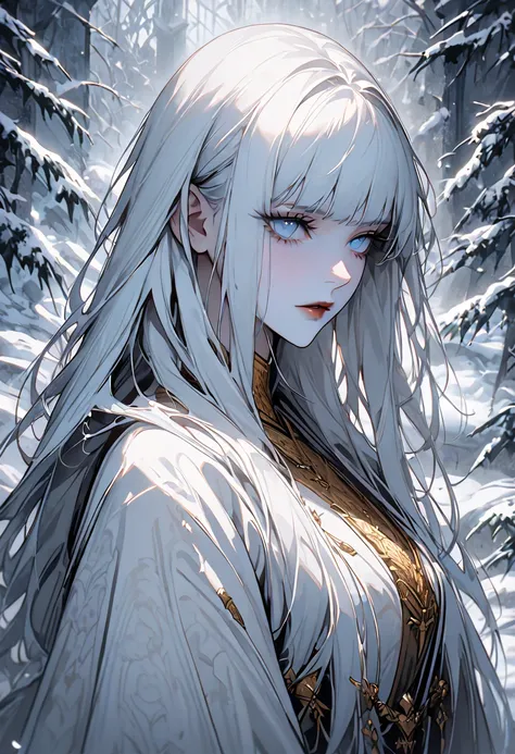  alone, female, hime cut,  white hair, ice blue eyes, white western clothes,  Japanese-inspired,  Yuki-onna , close up, Impassive ,  beautiful, medieval, Fantasy, elegant,  long straight hair , In the midst of a snowy garden, cold light,  white skin, black...