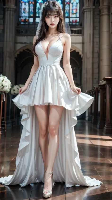 A beautiful young Japanese woman, 26 years old, with healthy thighs, beautiful legs, flawless skin, random hair color and style, large breasts, wearing a (wedding dress:1.3), (she is standing:1.2), full body shot, high heels, holding a bouquet in her hands...