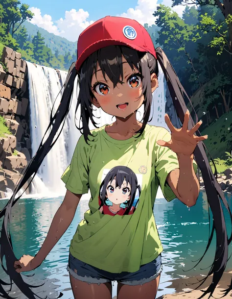  Azusa Nakano,   black hair,  brown eyes, Alone, long hair,smile,blush, open your mouth,  low twin tail, tan, brown skin,Baseball hats,green t-shirt ,The hem of the t-shirt is tied,river遊び, playing in the water, denim micro shorts ,Wet clothes, wet hair, w...