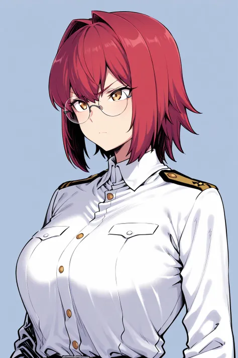   High detail,  high quality ,  Masterpiece, No text, Quality Highlights  , ( Masterpiece,   best quality  ,   is very beautiful  ),  1girl  ,  Masterpiece,whole body, Red Short Hair ,round glasses,white military uniform, Serious expression ,There are eigh...