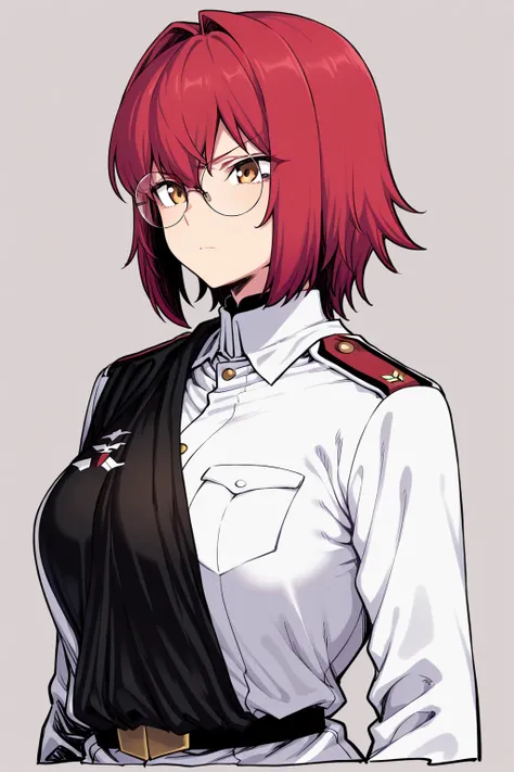   High detail,  high quality ,  Masterpiece, No text, Quality Highlights  , ( Masterpiece,   best quality  ,   is very beautiful  ),  1girl  ,  Masterpiece,whole body, Red Short Hair ,round glasses,white military uniform, Serious expression ,There are eigh...