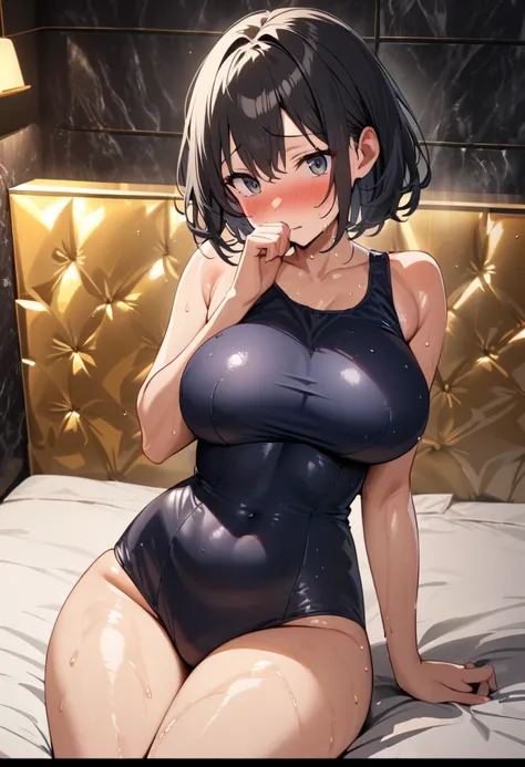 detailed background,at gorgeous bedroom in hotel,black marble wall,(golden bed),dark room,,navy one-piece school swimsuit,hiding own mouth in shame,black hair,(tanned skin:0.3),,short japanese girl,(voluptuous body:1.2),,look at viewer,troubled,short hair,...