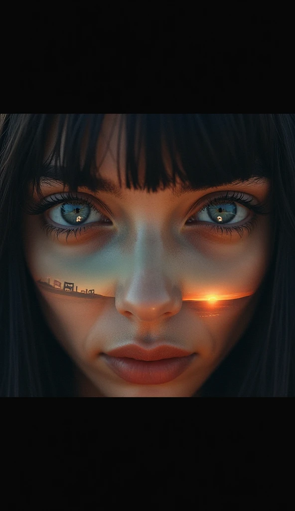 A close-up of a pair of intense, penetrating eyes with a dark, mysterious glow. The reflection in the eyes shows a vast, desolate desert under a fading sunset, symbolizing the emotional depth of the song. The eyes should have a soulful, almost haunting loo...