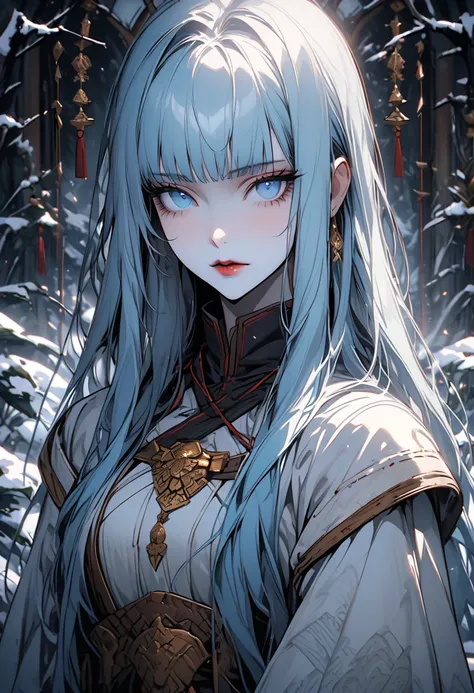  alone, female, hime cut, ice blue hair , ice blue eyes,  white western clothes,  Japanese-inspired,  Yuki-onna , close up, Impassive ,  beautiful, medieval, Fantasy, elegant,  long straight hair , In the midst of a snowy garden, cold light,  white skin, b...