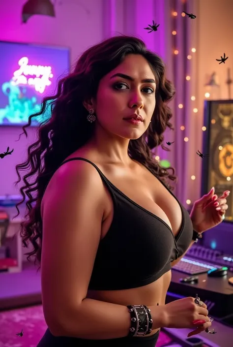 a woman with a voluptuous hourglass figure, extremely detailed breasts, beautiful detailed eyes,beautiful detailed lips,extremely detailed eyes and face,longeyelashes, dancing with a private disco and dj set up, wall full of small lights, beetles flying ar...