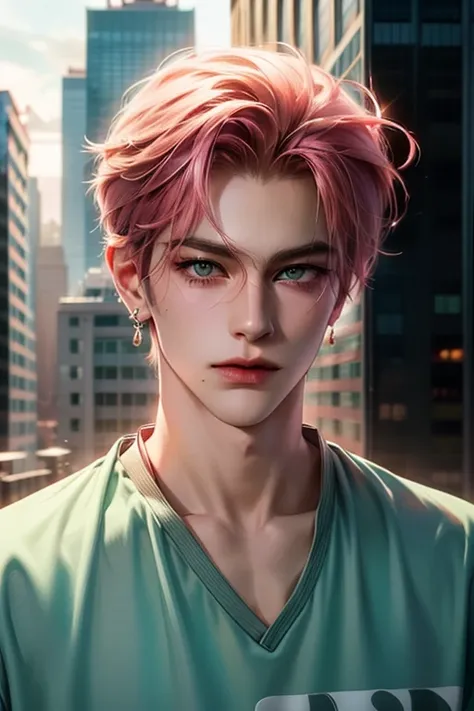 boy, handsome face, pink hair, light green eyes, charming gaze, wearing casual clothes, earrings in ears, urban background