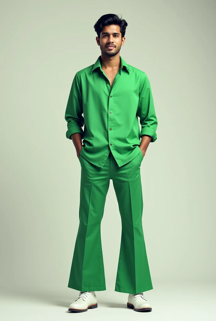 A Pakistan beautiful stylish man 20 years white skin and Black hair and green shirt full hand green and white Bell bottom pants and white boots full outfits standing Man high quality 8k uhd upscale 