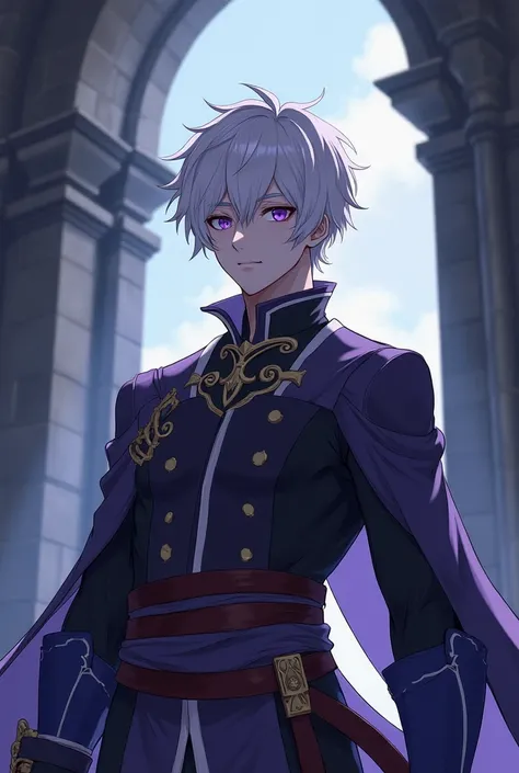  A male character with short white hair and purple eyes , somewhat muscular body, wearing Isekai style clothing  ( medieval fantasy with modern or magical details),  inside a castle,  with a serious expression . Anime Art Style ,  dramatic lighting , reali...