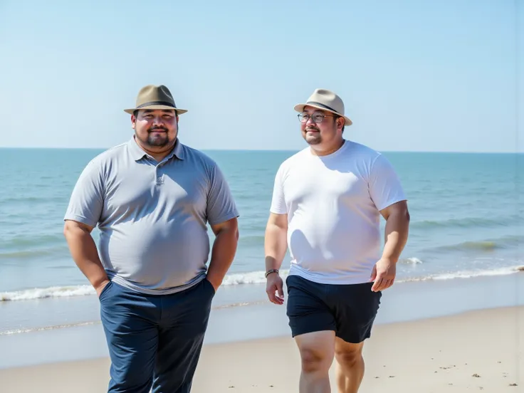 two gay couples、 Japanese、smile、fat、obesity、Age 30、 bulging crotch、 staring at each other、Walking along the coastline。The first one is Bob Cut、fat、Fedora、 polo shirt、 Slacks 、It's on the left。The second one has a shaved head hairstyle、fat、Glasses、jet cap、 ...