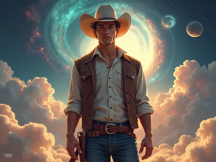 Create a poster for the release of a song CLOUDS with space stuff and an young handsome cowboy