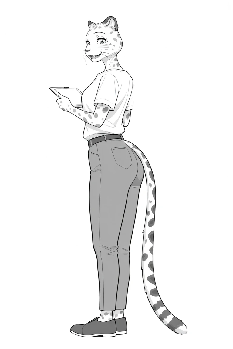 masterpiece, best quality, amazing quality, very aesthetic, high resolution, ultra-detailed, absurdres, newest BREAK 1girl, solo, Sheila, anthro, furry female, cheetah tail, cheetah ears, whiskers, shirt, pants, hand drawn, greyscale, monochrome, lineart, ...