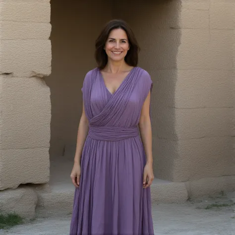 Semi-long hair parted to the middle　 dark brown hair 　The costume of the common people in ancient Rome　Ankle-length skirt　 purple clothes　Standing in front of a stone house　Smiling adult woman　Mother