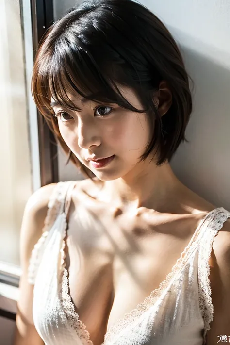  angle from below:1.2、Japanese woman with beautiful breasts with short black hair、whole body、 high image quality