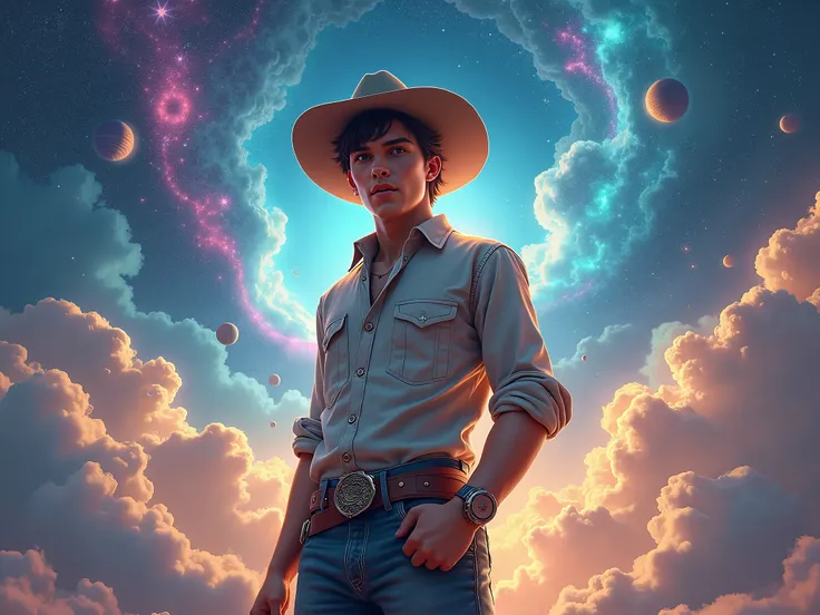 Create a poster for the release of a song CLOUDS with space stuff and an young handsome cowboy