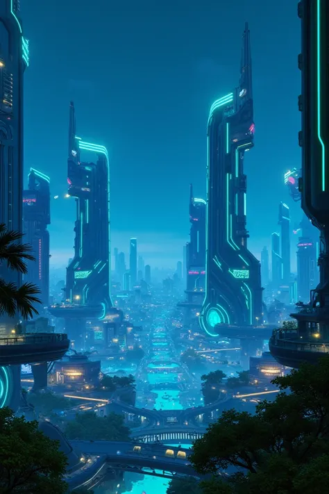  Future City　Fairly detailed　night　blue　city　Blue-green