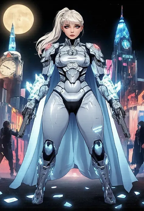 Cinderella stands as a bold and futuristic anime heroine in a shimmering cyberpunk warrior fusion suit. The suit is a stunning blend of metallic silver and sky blue, with glowing glass-like armor pieces on her shoulders, arms, and boots, evoking the feel o...