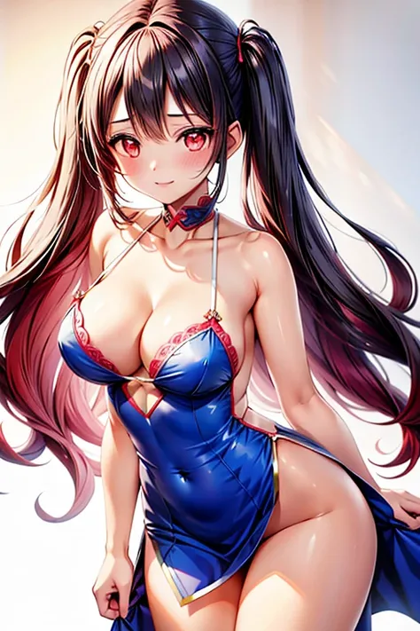  1 girl, solo,  Hi-Res,  top quality,  long hair,  black hair, chest,  blushes,  red eyes,  surprise,  cowboy shot,  blue china dress、chestの谷間、 thighs、 slit, super high heels, 