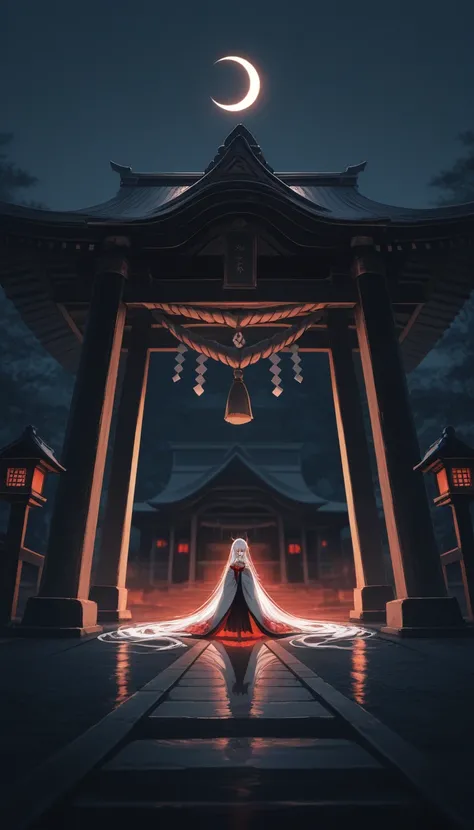 Inside the ruined shrine, female, looking down, absurdly long hair, white hair, red eyes, eyes half-closed, pale skin, japanese clothes, with a crescent moon, at midnight, dynamic angle, wide shot, monochromatic, cold lighting, in focus with blurred backgr...