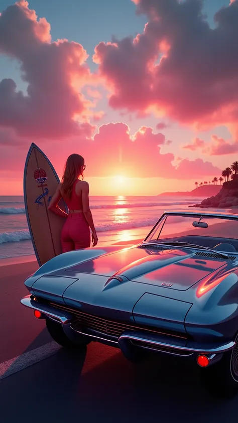 a {white|negro|red|blue|rosa) :: The car is parked next to the road. :: rosa sunset and California beachside in the background :: 1963 Chevrolet Corvette C2  :: The car was painted in a stunning metallic silver finish :: A woman in 70s fashion, holding a s...