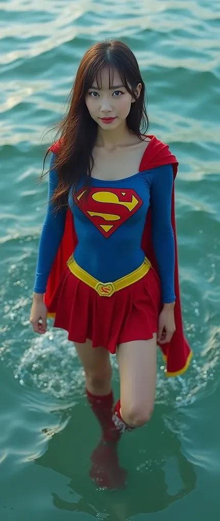  Live Action 、smile、  full body image of a sexy Japanese woman in her 20s  (  large size:9.8)   dreamy blue eyes and medium untidy brown hair =TOP SUPERGIRL COSTUME,   blue leotard 、  red pleated skirt with yellow supergirl belt  ,   red high heeled superg...