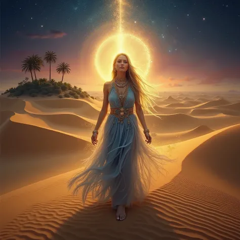 "A mystical and ethereal image of a vast desert with golden dunes illuminated by a celestial light. At the center, a majestic female figure represents Inanna, the goddess of love and transcendence. Her presence is enigmatic and divine, with flowing garment...