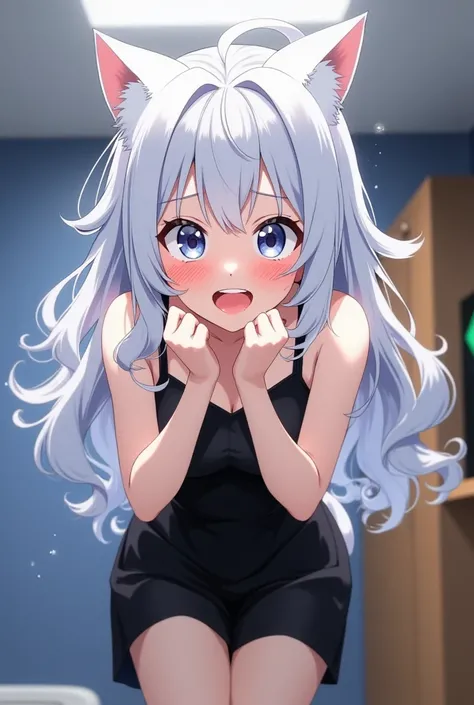 Girl with silver hair and cat ears, The girl with the white cat's tail, black mini skirt dress, ((((((((((((((((((empty eyes)))))))))))))))))), ((((((((((( ahegao))))))))))), (((((((((((((rolling eyes))))))))))))), ((((( living room at home))))), I'm surpr...