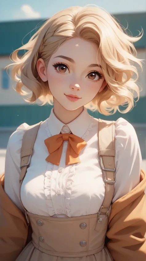 The short-haired woman flaunts wavy blonde and brown eyes. She looks cute and wears a cream suit.