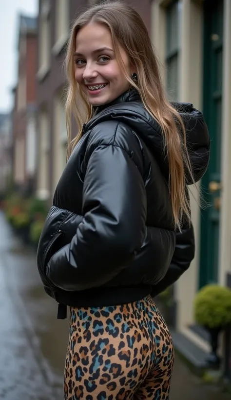 Backside diagonally photo from side behind of a sweaty hot wet cute beautiful darkblonde furtuned dutch spanish italia young posing age femboy wearing black northface shiny pvc puffy cropped short puffer jacket, very short shiny black Big luxurious northfa...