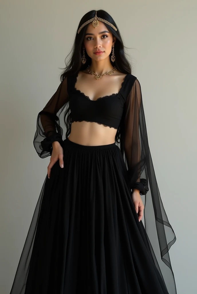 A Pakistan beautiful stylish women 20 years white skin and Black hair and black lehenga Full sleeves black and full outfits and slippers Gold Head chain beautiful stylish women high quality 8k uhd upscale realistic 